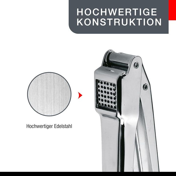 GEFU Knoblauchpresse AGLIO | Edelstahl-Knoblauchdrücker mit schwenkbarem Siebeinsatz, Profi-Qualität