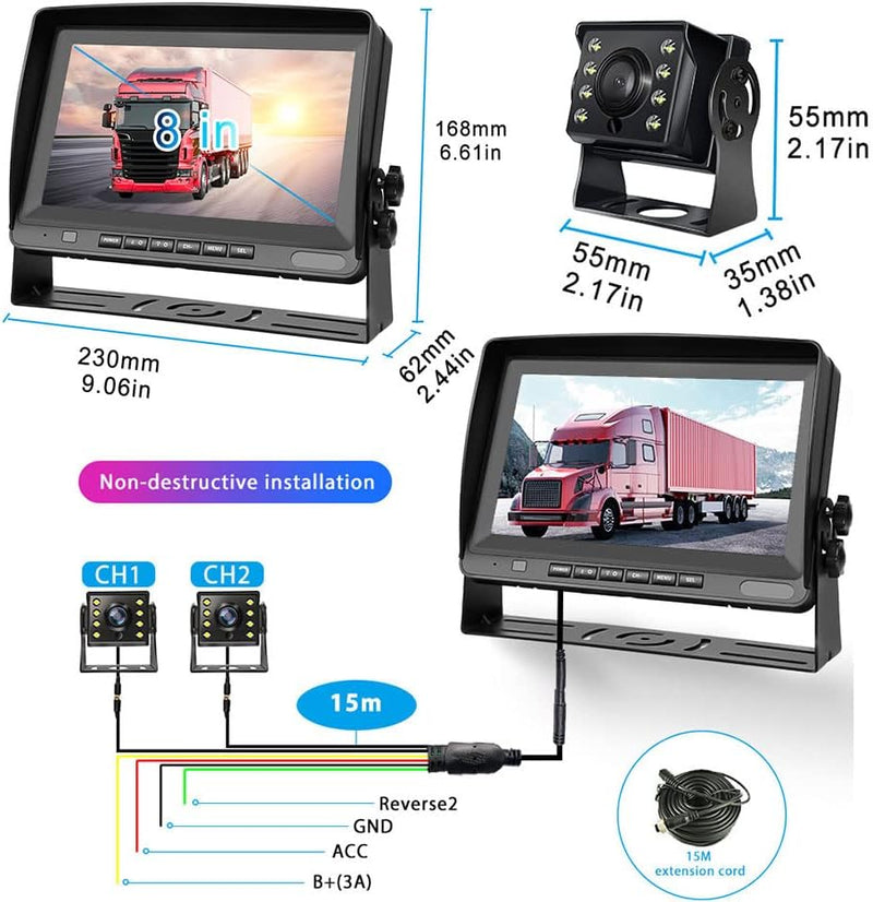 Podofo Kabelgebundenes 1080P Rückfahrkamera Kit mit 8 Zoll IPS Monitor 12V-24V & IP69 wasserdichte B