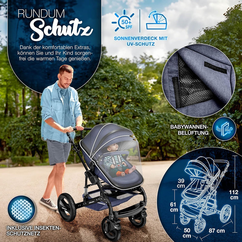 KIDUKU® 3 in 1 Kinderwagen XXL Komplettset | Kombikinderwagen Set inkl. Babywanne Buggy Sportsitz &