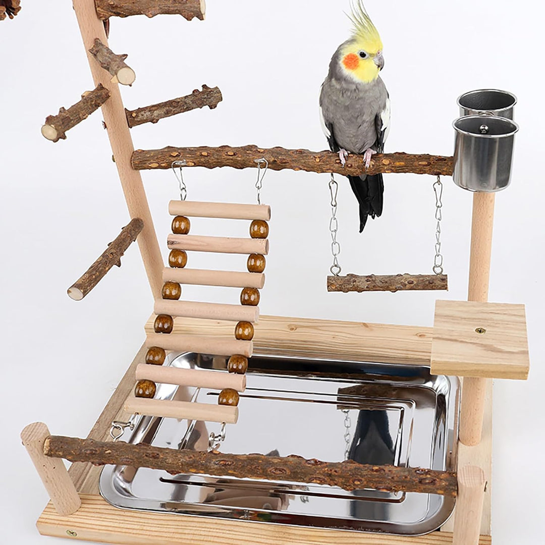 RoseFlower Vogelspielplatz Papageien Spielplatz, Naturholz Vogel Spielständer mit Feeder Cups Leiter