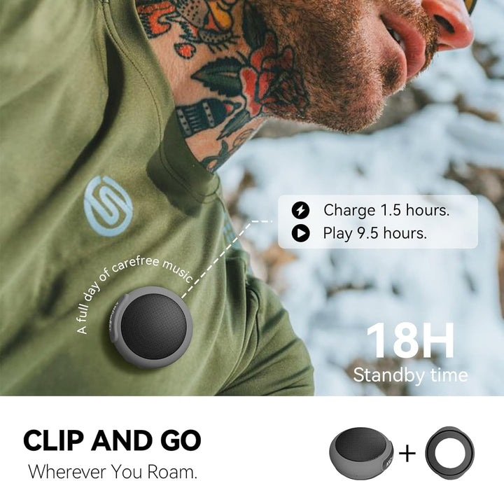 ANCwear Bluetooth 5.3 Lautsprecher Mini zum Anklemmen, Tragen und Aufhängen, IPX6 Spritzwasserschutz