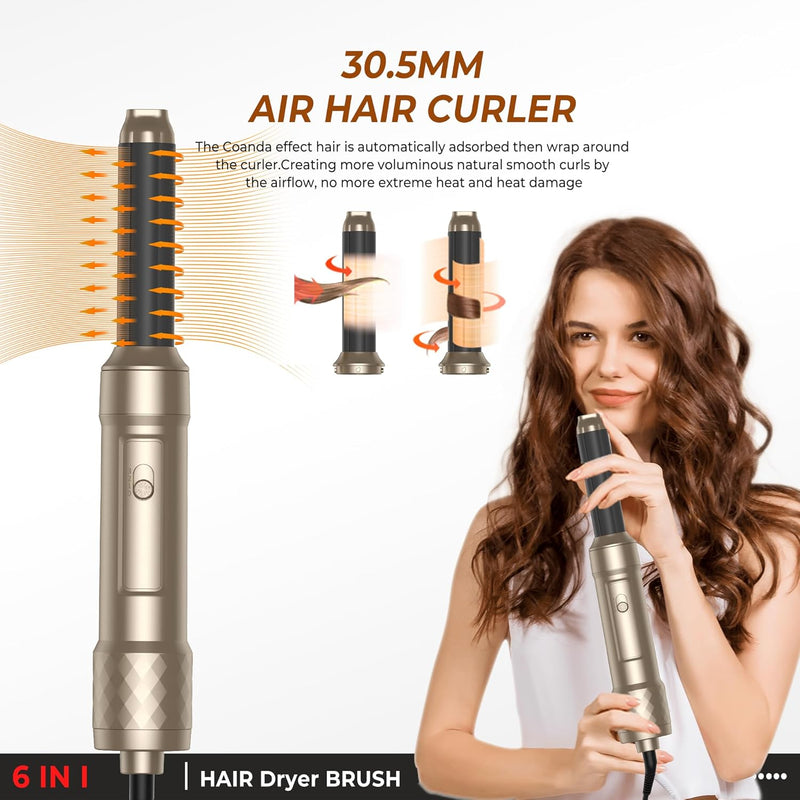 6 in 1 Airstyler Warmluftbürste Set, mit 6 Ersatz:1000W Haartrockner,Rundbürstenföhn Thermal Brush A