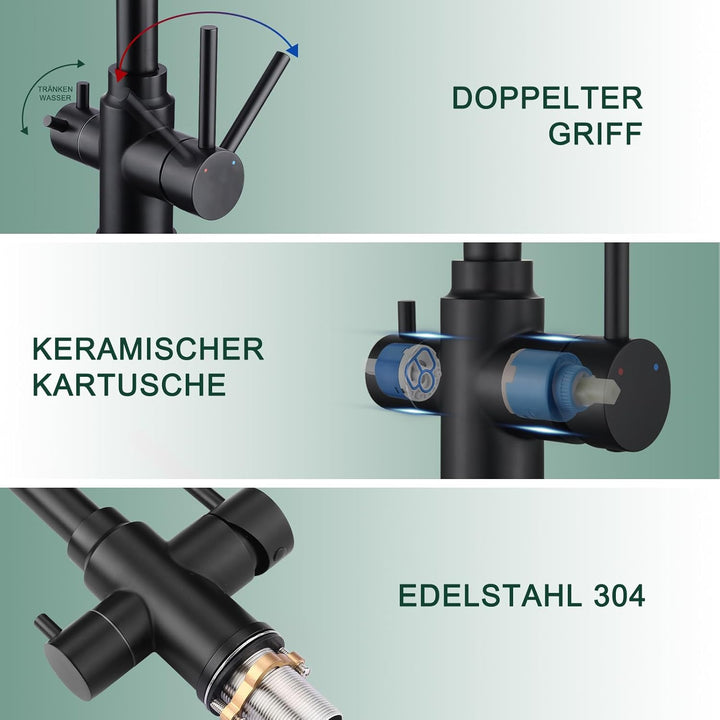 3 Wege Wasserhahn Küche Schwarz Matt, 360° Drehbar Küchenarmatur, 3 in 1 Mischbatterie Küche für Was