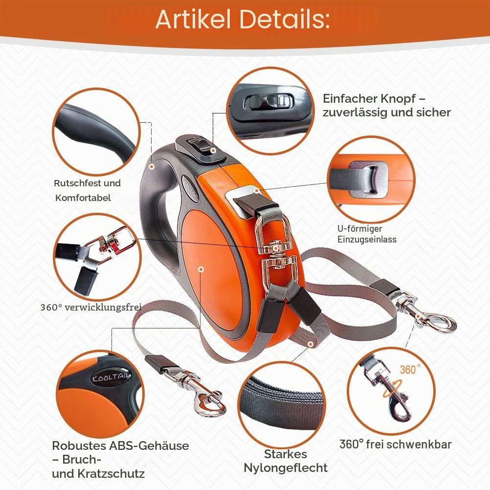 KOOLTAIL Dual Retractable Hundeleine für Zwei Hunde bis 110 Lbs, Heavy Duty Doppelkopf 16 ft Erweite