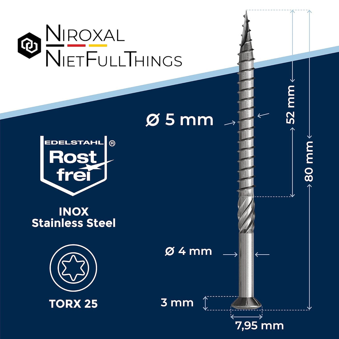 200 Stück Terrassenschrauben 5 x 80 mm lang | PERFEKT für 35 mm Terrassendielen | rostfreier gehärte