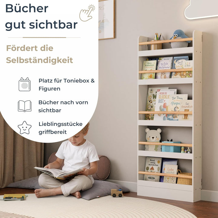 Bücherregal Kinder mit 5 Ablagen, Montessori Kinderbücherregal zur Wandmontage, Wandregal für Bücher