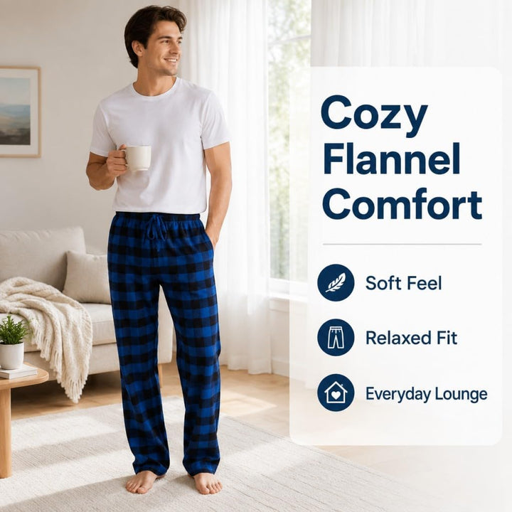 Herren 100% Baumwolle Flanell Bequeme Pyjama/Lounge Bottoms mit Taschen M Black Aqua Plaid, M Black