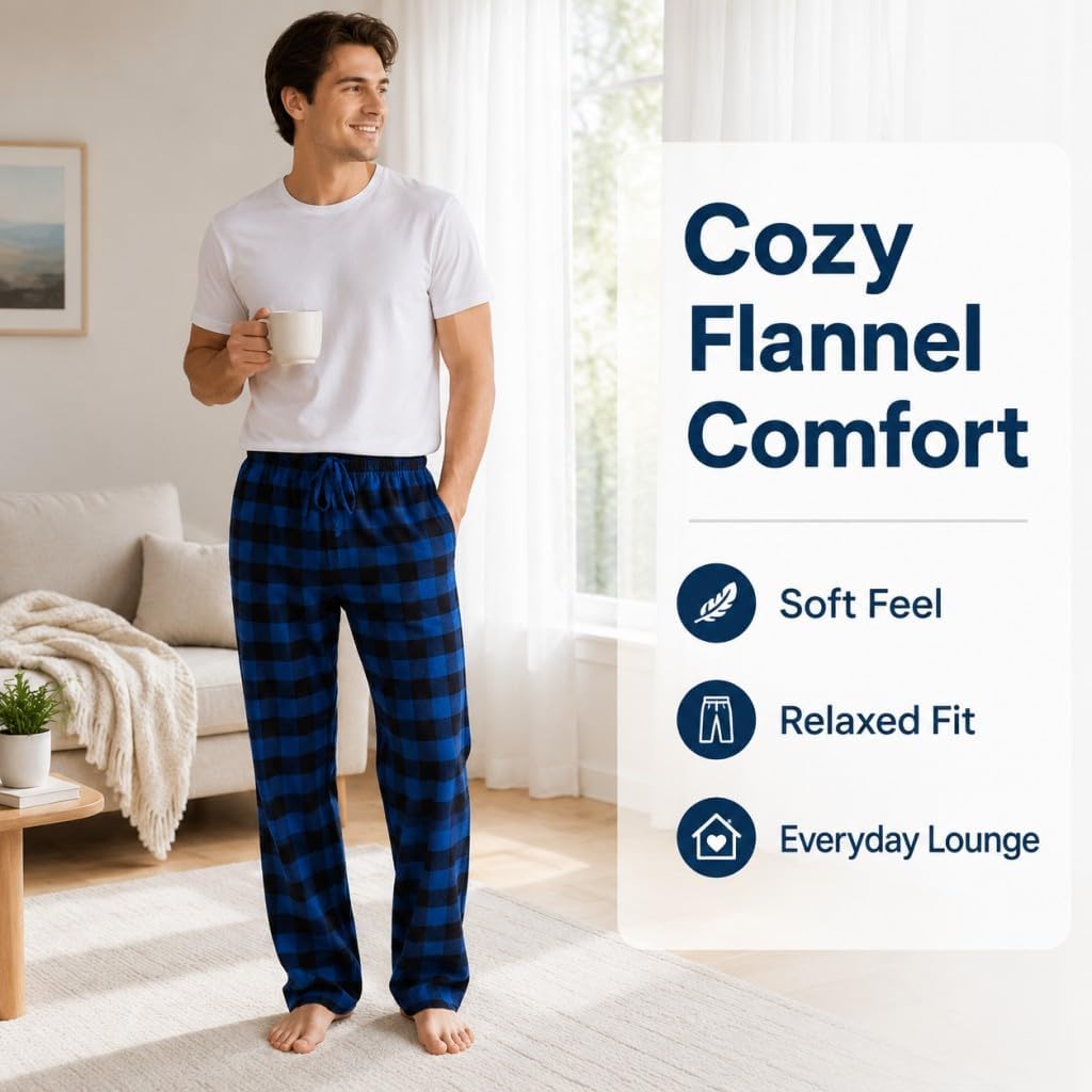 JTPW Herren 100% Baumwolle Flanell Bequeme Pyjama/Lounge Bottoms mit Taschen XXL Black Aqua Plaid, X