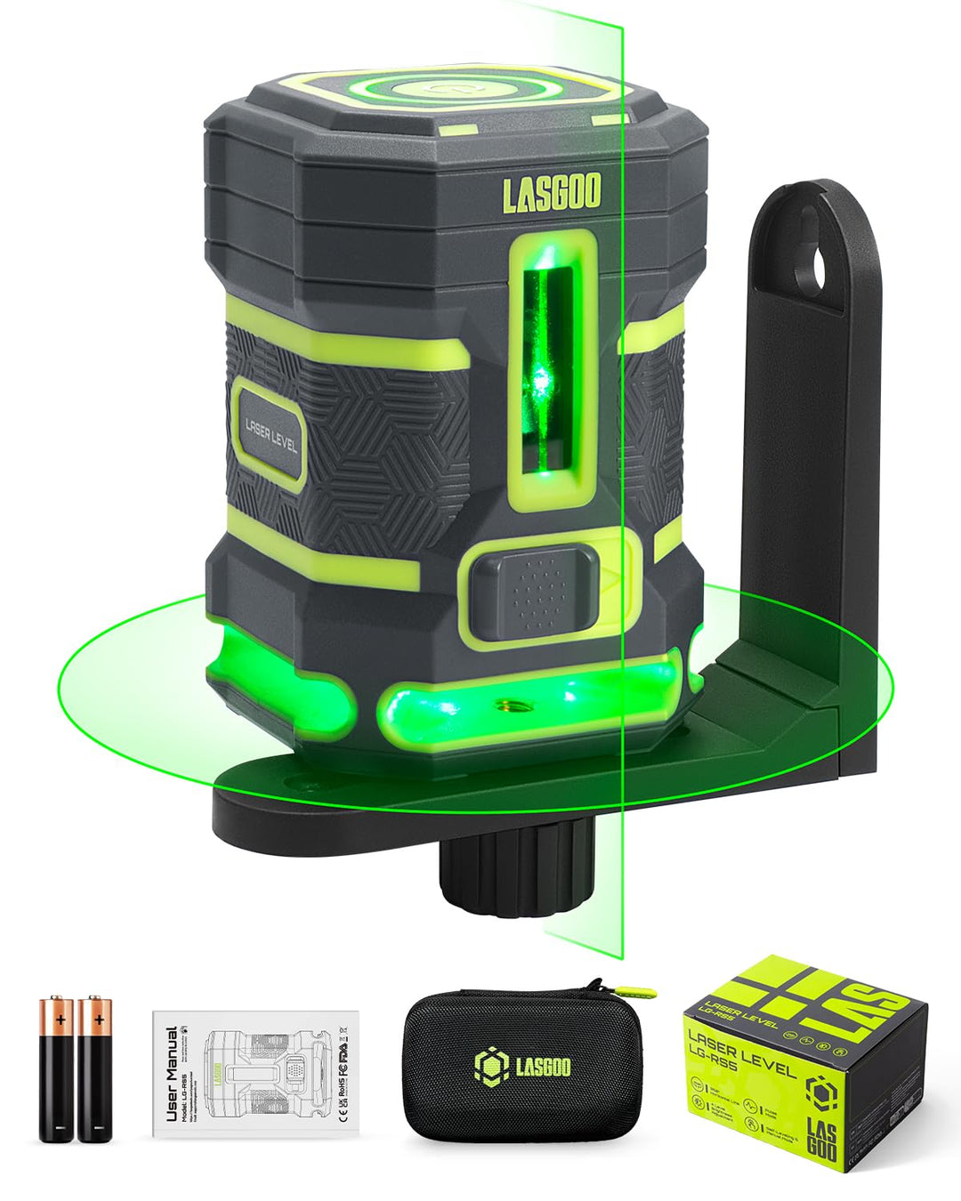 LASGOO Grüner Laser Nivellierlaser, 360° Horizontal-Laser mit Vertikal-Laserlinie, 4 Helligkeitsstuf