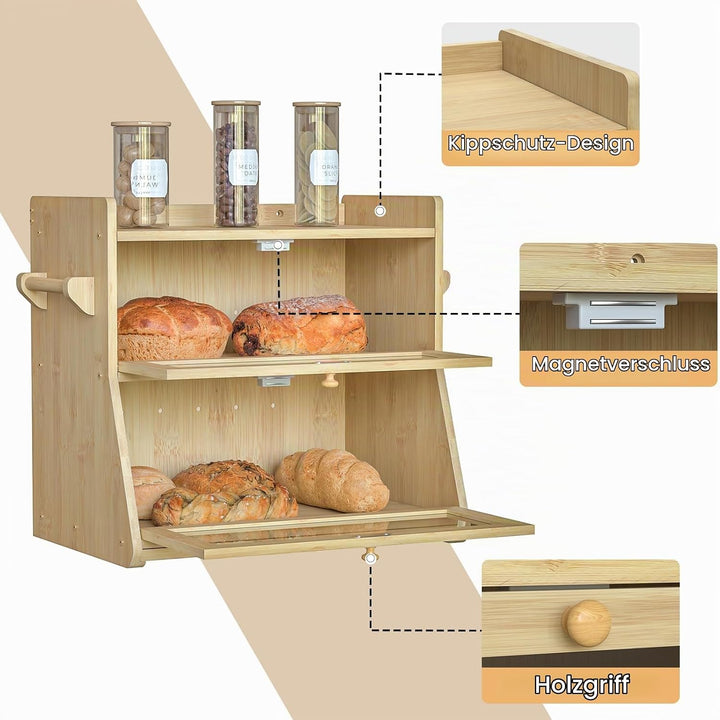 Brotkasten Bambus 2 Etagen, Bambus Brotkasten Holz mit Schneidebrett, Eco Brotbox Brotkorb mit Belüf