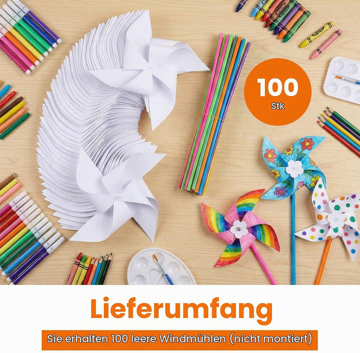 100 Stück DIY Windräder Bastelset, Bunte Regenbogen Windmühle aus Kunststoff &amp; Papier, Wetterfeste W