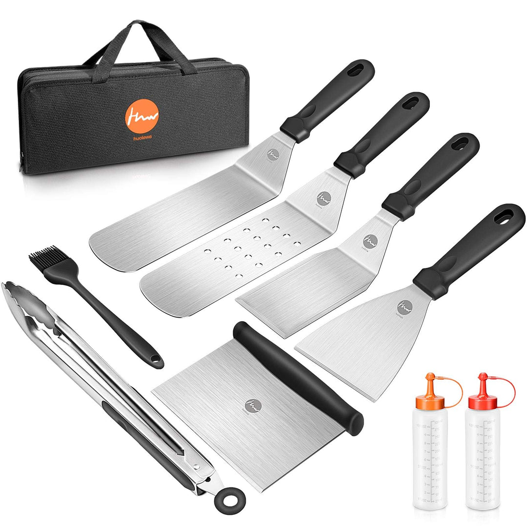 Huolewa Grillspachtel Set, Edelstahl 9 Pcs Flat-Top-Grillbesteck Set, Profi BBQ Zubehör Grillwender