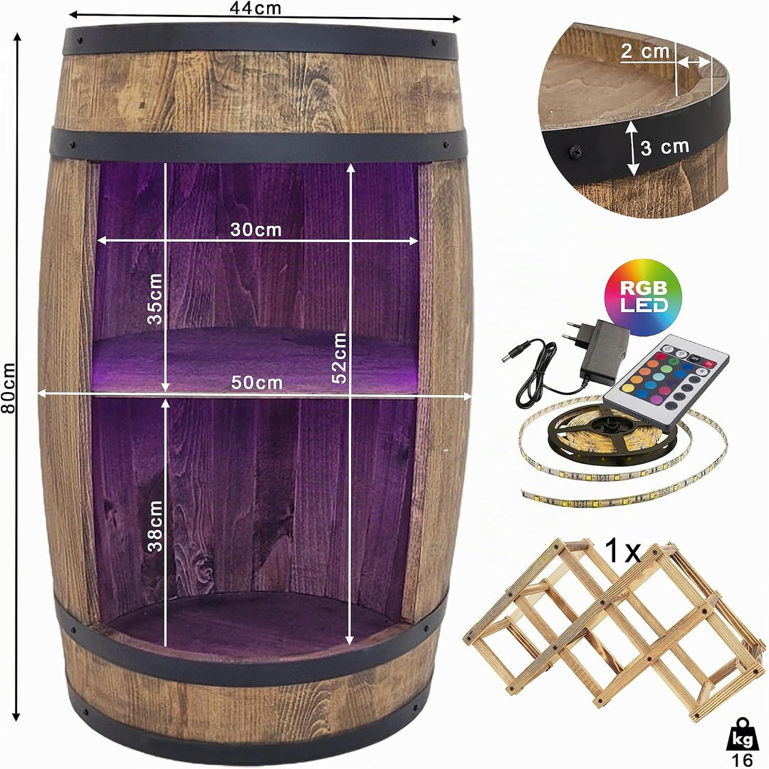 weeco Holzfass mit weinhalter RGB LED Beleuchtung - Weinregal fassbar. Rustikaler deko Barschrank We