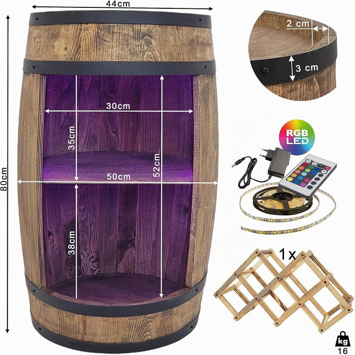 weeco Holzfass mit weinhalter RGB LED Beleuchtung - Weinregal fassbar. Rustikaler deko Barschrank We