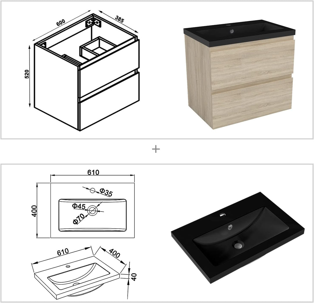 Aica Sanitär Waschtisch mit Unterschrank 60 cm Badmöbel Set mit Waschbecken Schwarz Gäste WC Eiche M