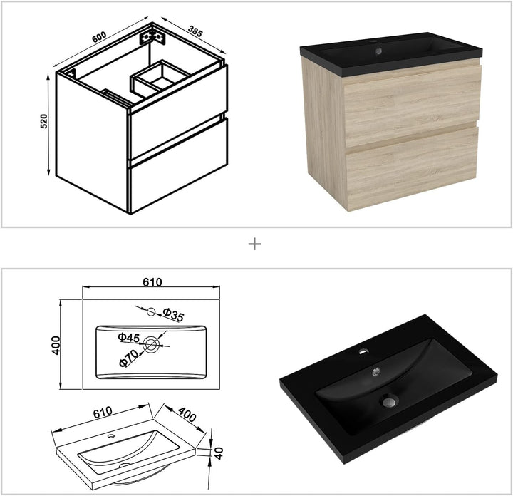 Aica Sanitär Waschtisch mit Unterschrank 60 cm Badmöbel Set mit Waschbecken Schwarz Gäste WC Eiche M