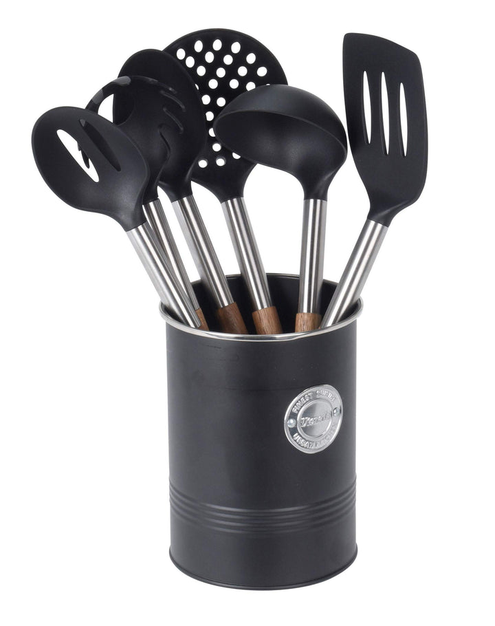 MIJOMA 7-TLG Kochlöffel-Set mit Halter, Griffe aus Akazienholz, Länge 30cm, Küchenutensilien, Back-L