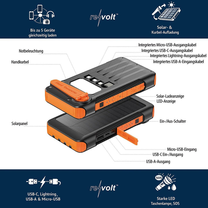 revolt Handkurbel-Powerbank: Kurbel-Dynamo-Solar-Powerbank, 10.000 mAh, USB-C PD bis 20 W, LED (Hand