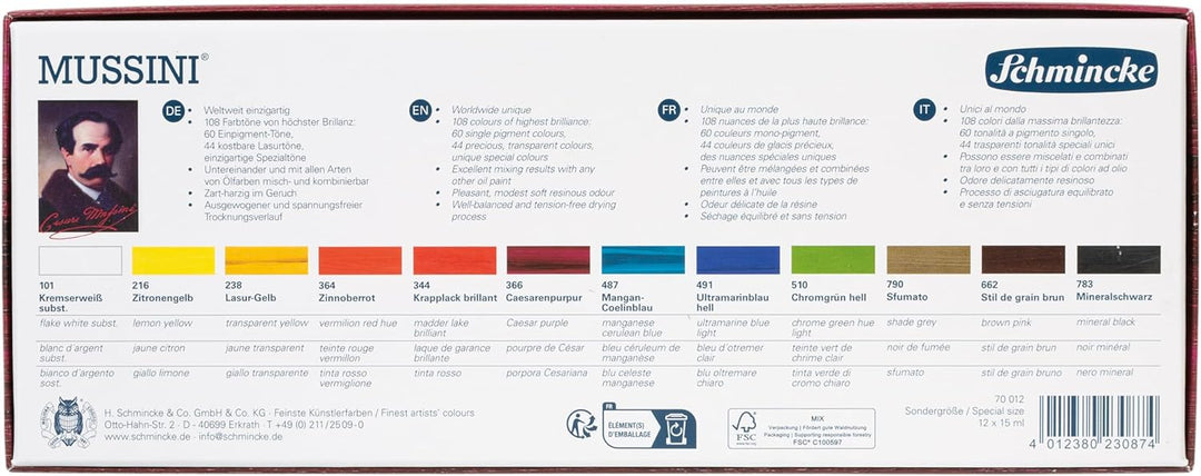 Schmincke - MUSSINI feinste Harz-Ölfarben, Kartonset, 12 x 15 ml Set, 70 012 097