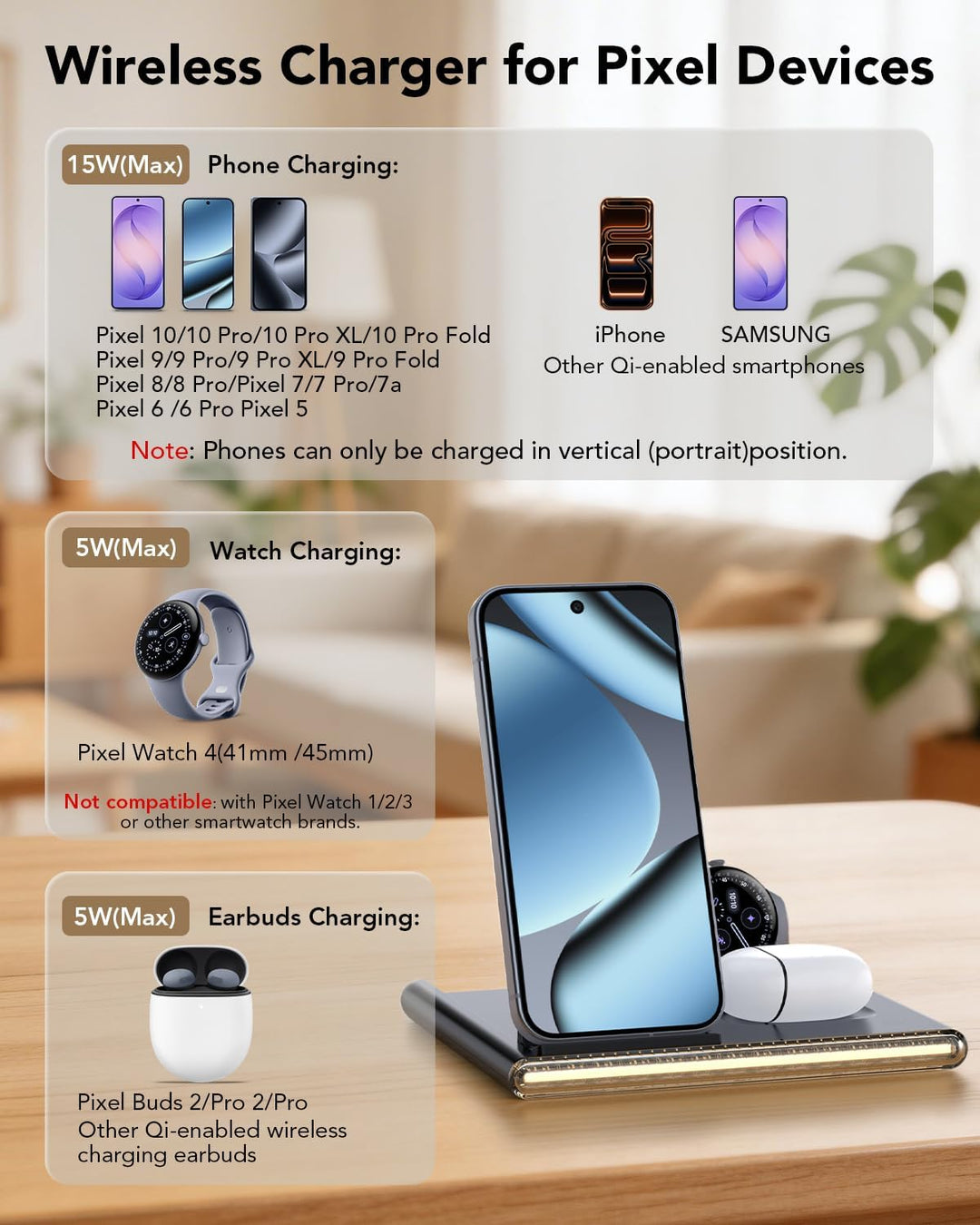 3-in-1-Wireless-Ladegerät für Google Pixel Watch 4，Induktionsladestation für Google Pixel 10/10 Pro/