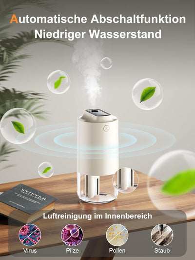 Jurqqer Tragbarer Mini Luftbefeuchter, Auto-Reinigung, 250ml kleiner Kaltnebel-Luftbefeuchter für Au