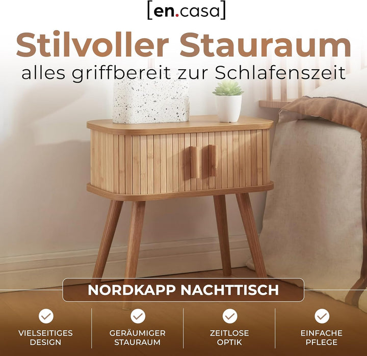 [en.casa] Nachttisch Nordkapp Beistelltisch mit 2 Schiebetüren Bambus Nachtschrank Sofatisch Holzbei