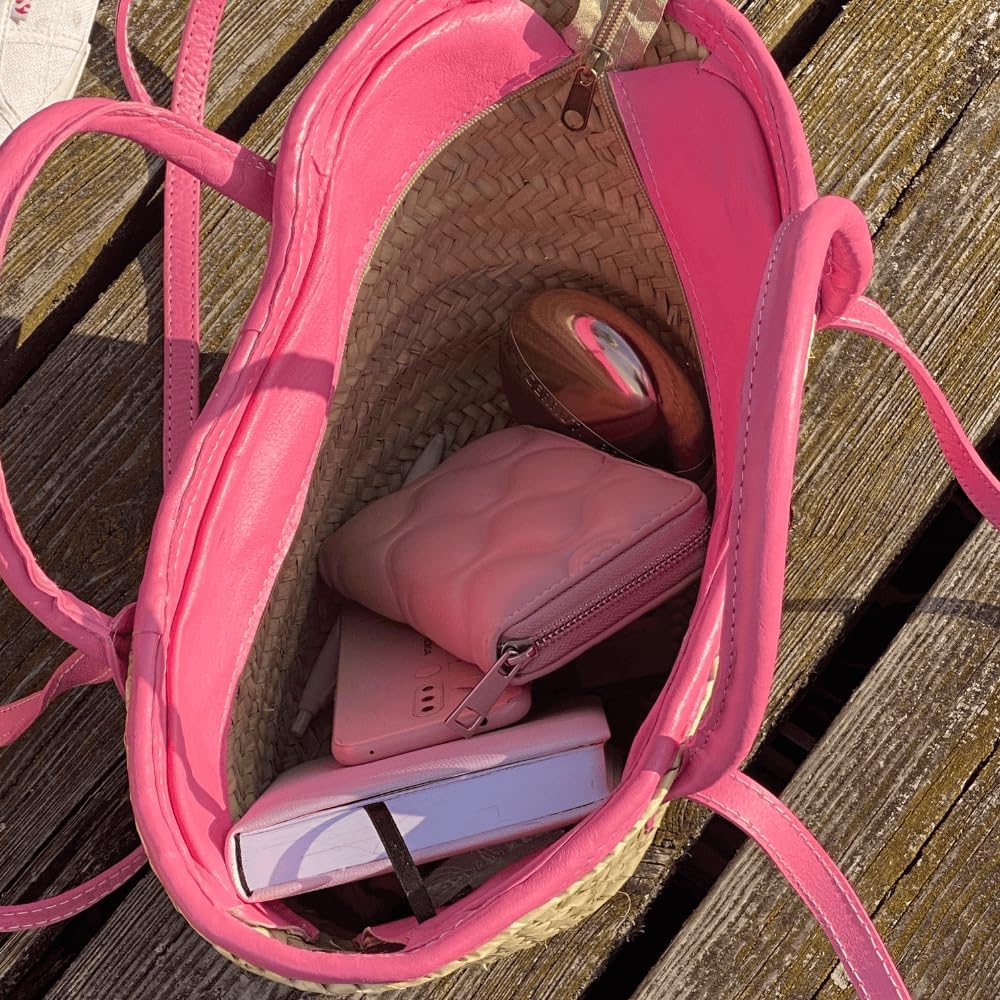 NATUREHOME Eleganz: Nachhaltige Palmblatt-Tasche mit stilvollen Pinken Leder-Highlights 37x12x16cm,