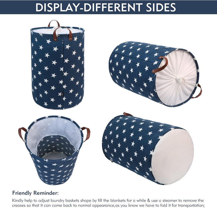 DOKEHOM 24-Inches Verdickte Faltbare Runde Lagerung Wäschekörbe, Baumwolle (Blau Star, XL) EINWEG Bl