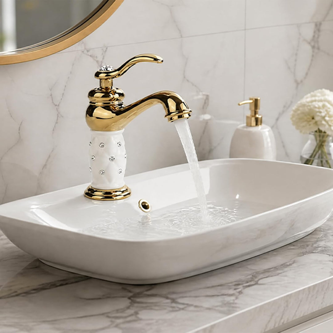 Tbest Waschtischarmatur Weiss Gold,Wasserhahn Gold,Grohe Wasserhahn Waschbecken Goldfarben Massivem