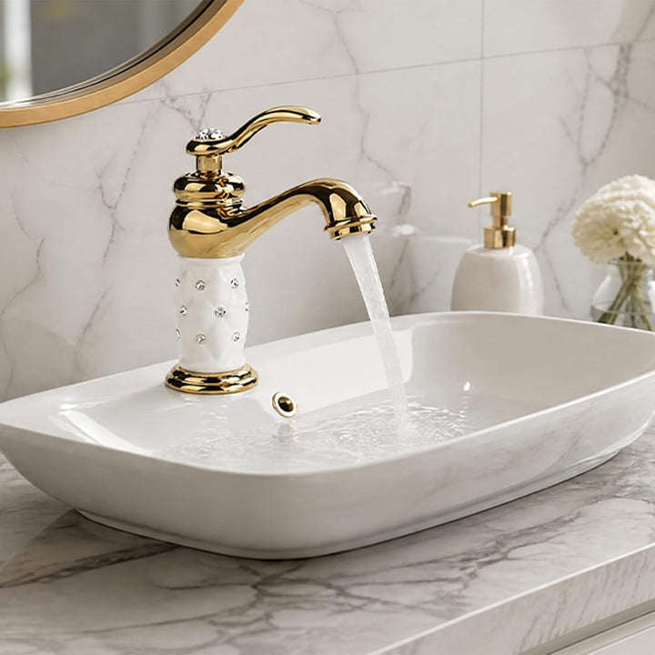 Tbest Waschtischarmatur Weiss Gold,Wasserhahn Gold,Grohe Wasserhahn Waschbecken Goldfarben Massivem