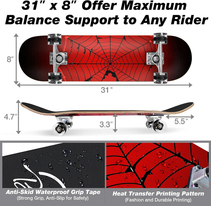 BELEEV Skateboard 31x8 Zoll Komplette Cruiser Skateboard für Kinder Jugendliche Erwachsene, 7-Lagige