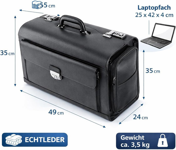 Alassio 45057 - Pilotenkoffer VERONA, aus hochwertigem Leder, ca. 49 x 35 x 24 cm, schwarz