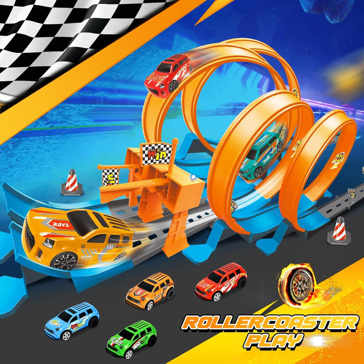 Ulikey Autorennbahn Kinder, Spielzeugauto Trackset mit Licht und Sound, Auto Rennbahn Spielzeug mit