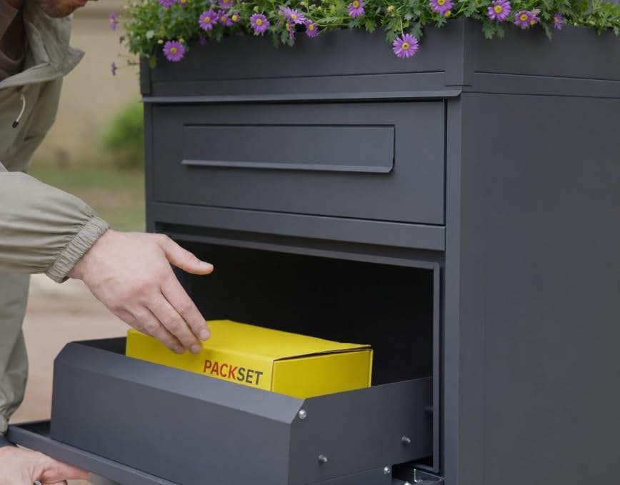 Paketbox mit Zeitungsfach abschliessbar | moderner Standbriefkasten Metall | Postkasten pulverbeschi