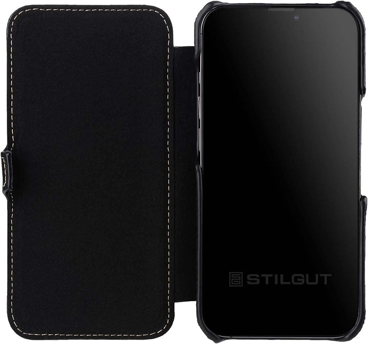 STILGUT Book Case kompatibel mit iPhone 13 Pro (6.1“) Hülle aus Leder mit Clip-Verschluss, Klapphüll