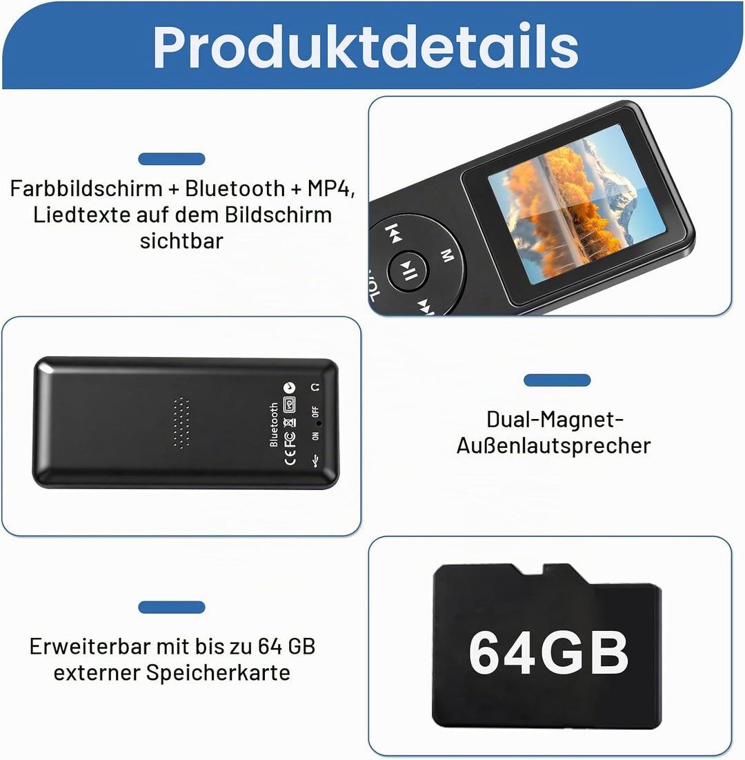MP3 Player Bluetooth 5.3 64 GB mit 1,8 Zoll TFT Farbdisplay, HiFi Musik Player mit Lautsprecher, Kop