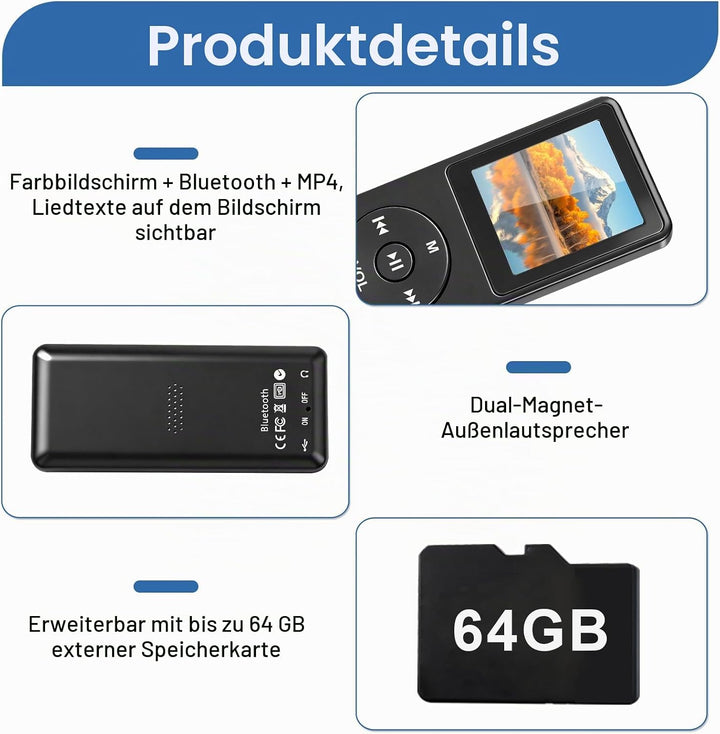 MP3 Player Bluetooth 5.3 64 GB mit 1,8 Zoll TFT Farbdisplay, HiFi Musik Player mit Lautsprecher, Kop