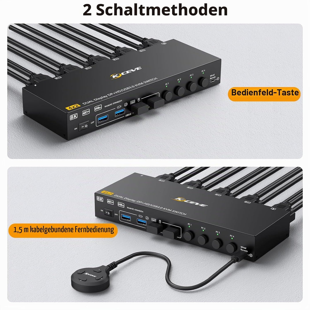 KVM Switch 4 PC 2 Monitore HDMI Displayport 8K@60Hz 4K@144Hz, USB 3.0 KVM Switch Dual Monitor for 4