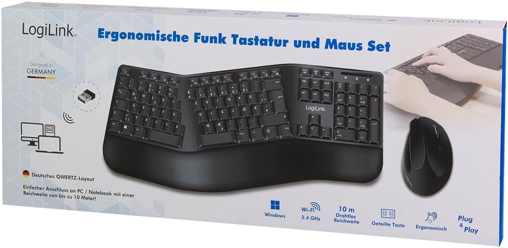 LogiLink Ergonomisches Funk-Tastatur-Maus-Set mit geteilter Tastatur (mit 13 Multimedia Keys)