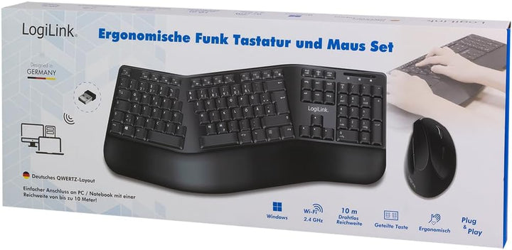 LogiLink Ergonomisches Funk-Tastatur-Maus-Set mit geteilter Tastatur (mit 13 Multimedia Keys)