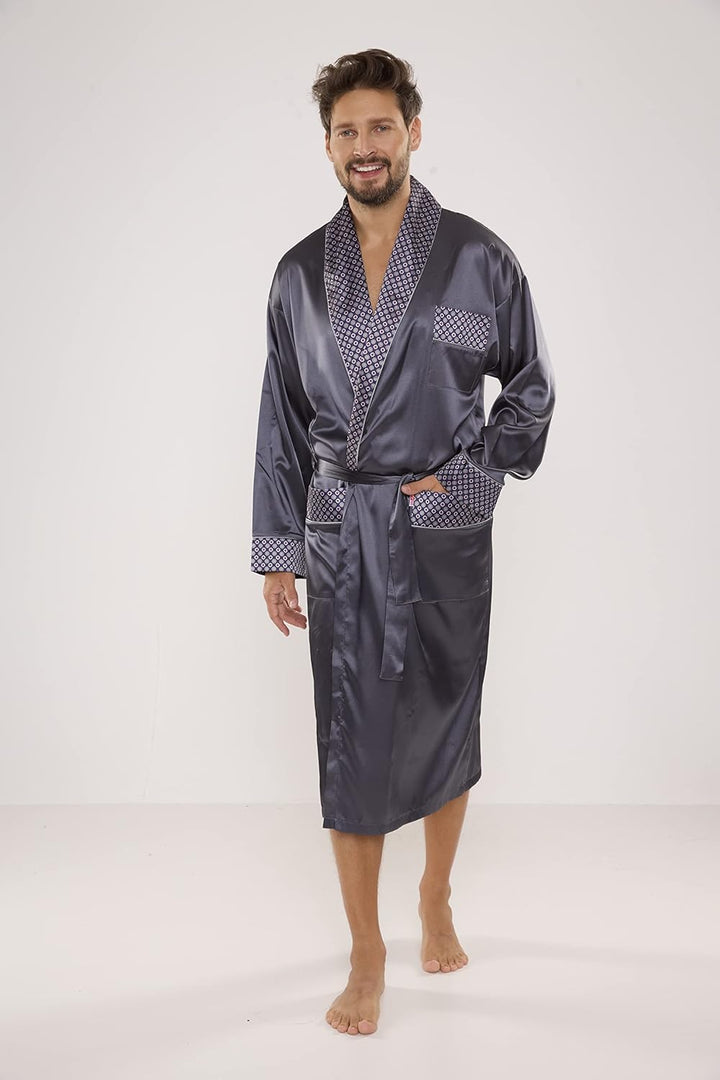 FOREX Lingerie edler und hochwertiger Satin-Bademantel Herren-Mantel im tollen Design XL Grau, XL Gr