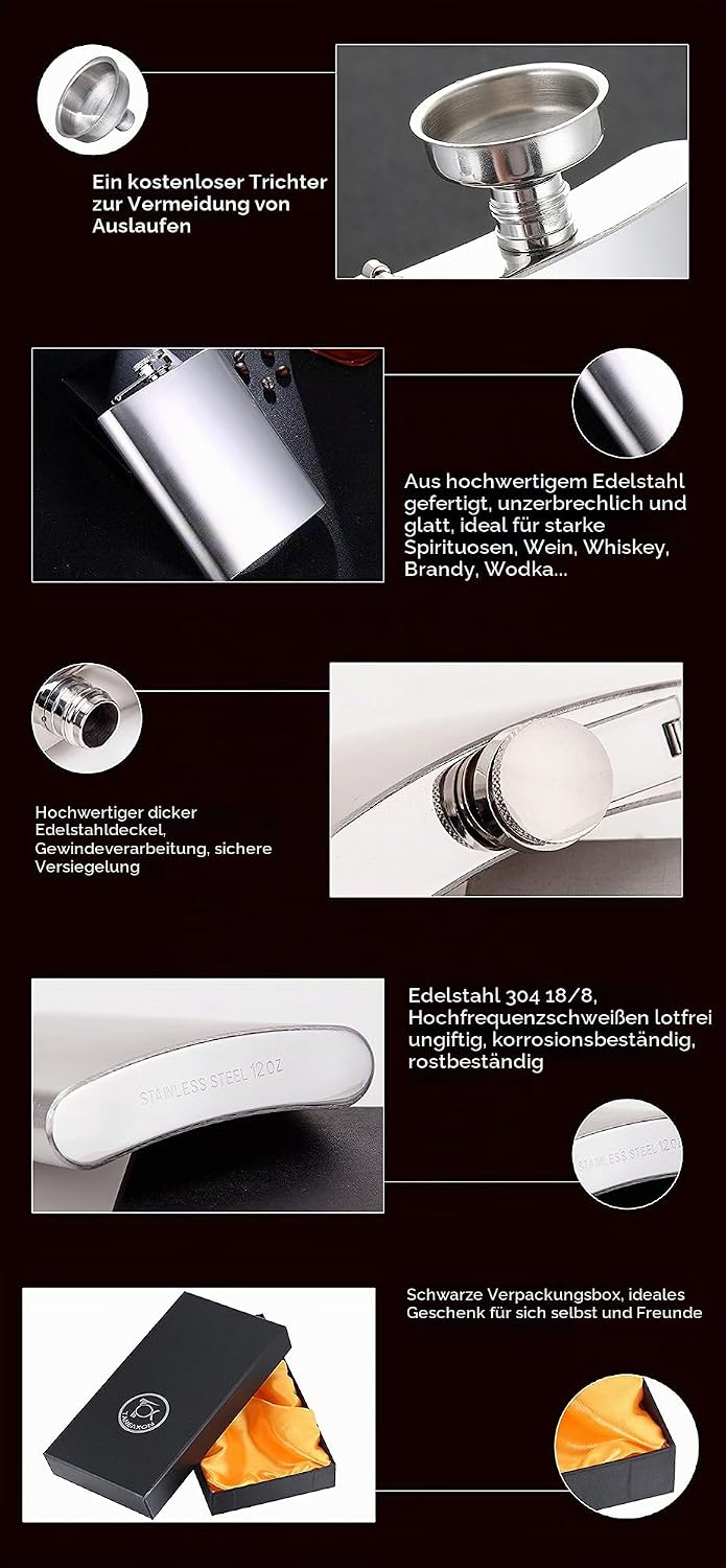Flachmann aus Edelstahl, 340 ml, mit Trichter und hochwertiger Box, auslaufsicher, silberfarben Silb