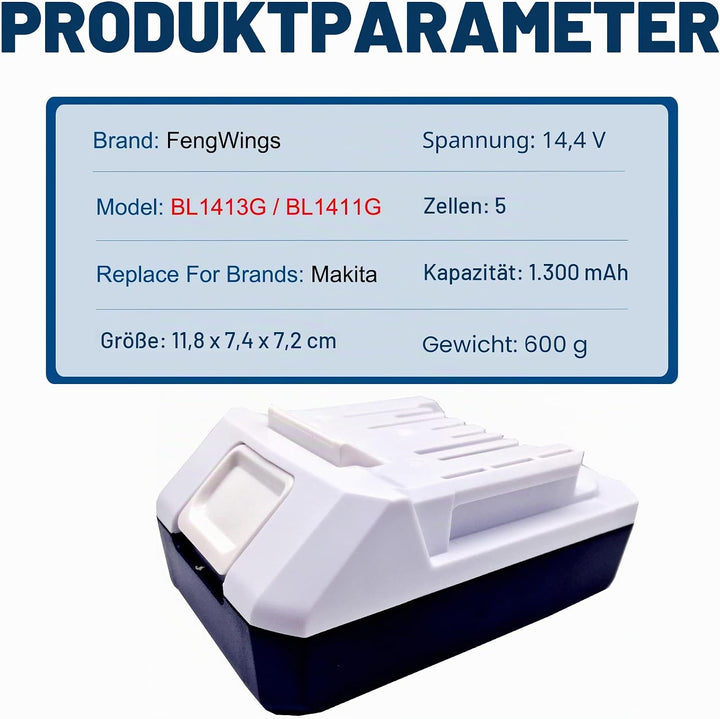 FengWings® BL1413G 2 Stück Akku, 14.4V 1300mAh Akku Ersetzen Für Makita BL1411G | BL1413G | BL1415G