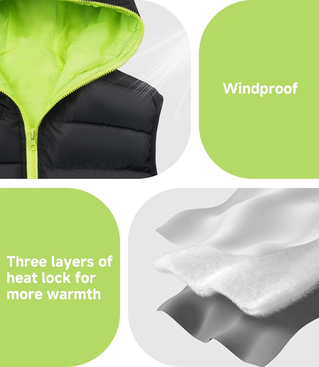 Kinder Warme Weste Jungen Steppweste Ärmellose Winterjacke Puffer Weste mit Kapuze, Schwarz Grü