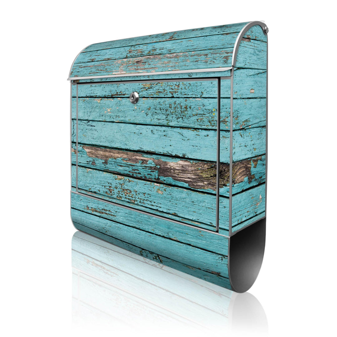 banjado® Design Briefkasten mit Motiv Blaue Holzlatten 39x47x14cm &amp; 2 Schlüssel - Briefkasten Stahl