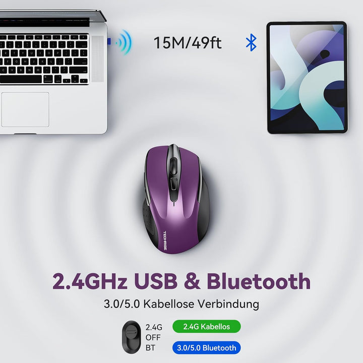 TechRise Bluetooth Maus, 2.4G Maus Kabellos (BT 5.0/3.0 + 2.4G) 4800 DPI Wiederaufladbare Ergonomisc