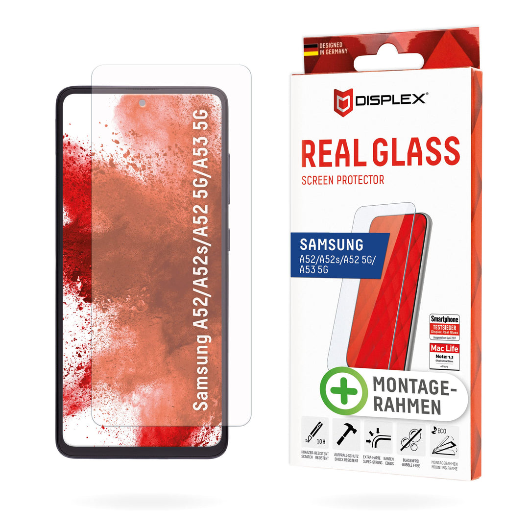 Schutzglas für Samsung A53 5G, A52(s) 5G, A52 (10H), Eco-Montagerahmen | DISPLEX Real Glass, 10H Pan