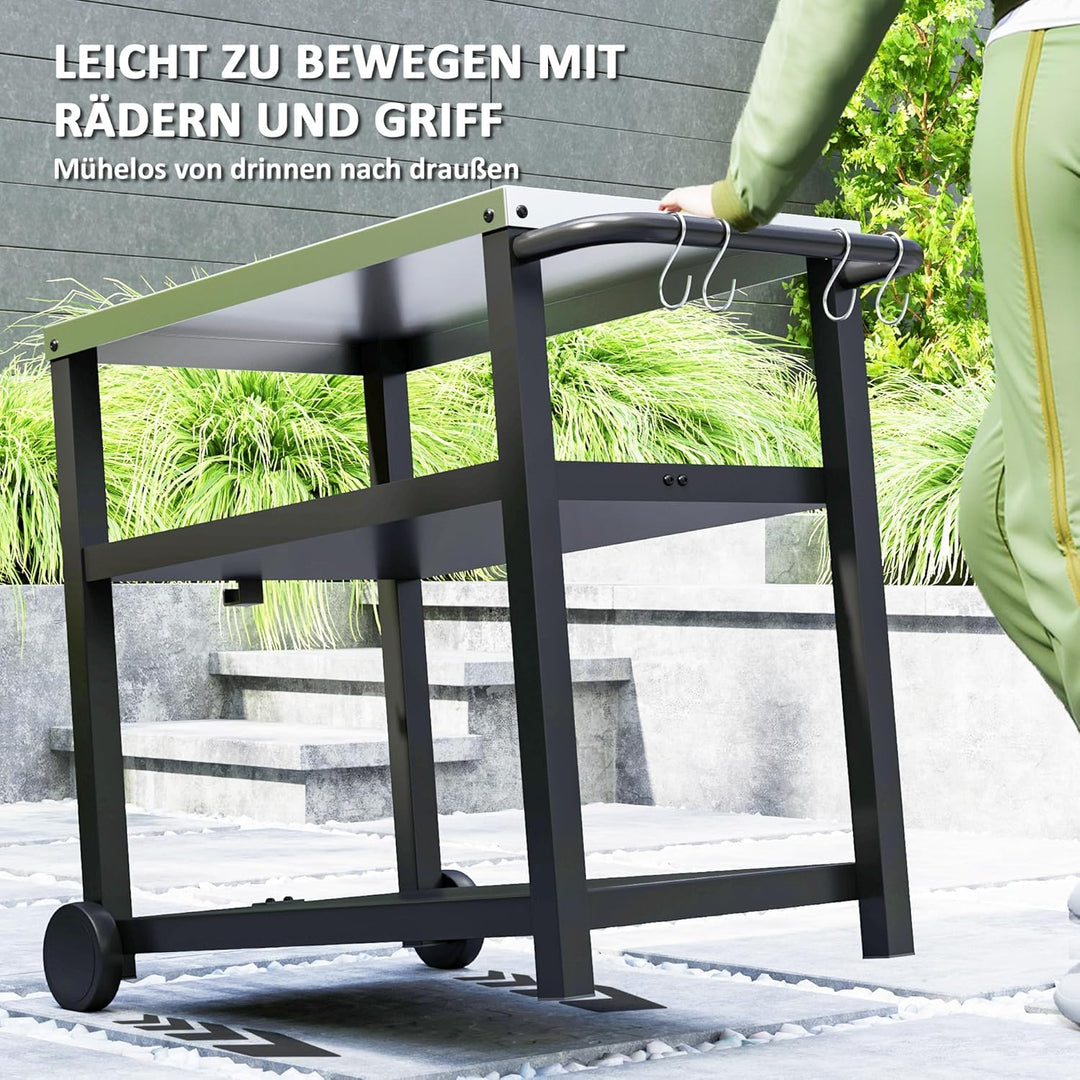 Outsunny Grillwagen 3-Etagen Servierwagen mit Arbeitsfläche Ablagen Haken Räder, Edelstahl BBQ Grill