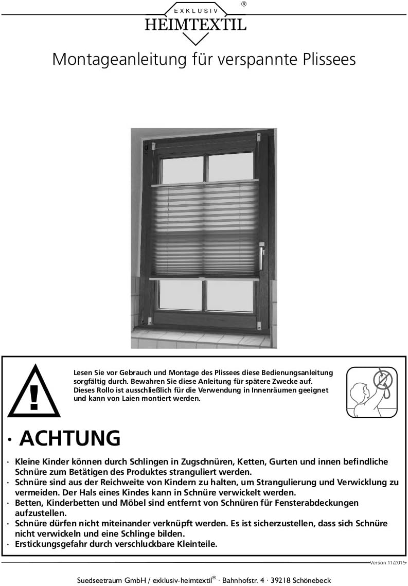 EXKLUSIV HEIMTEXTIL Plissee Verspannt mit Klemmträgern ohne Bohren Faltrollo Fensterrollo Marke 90 x