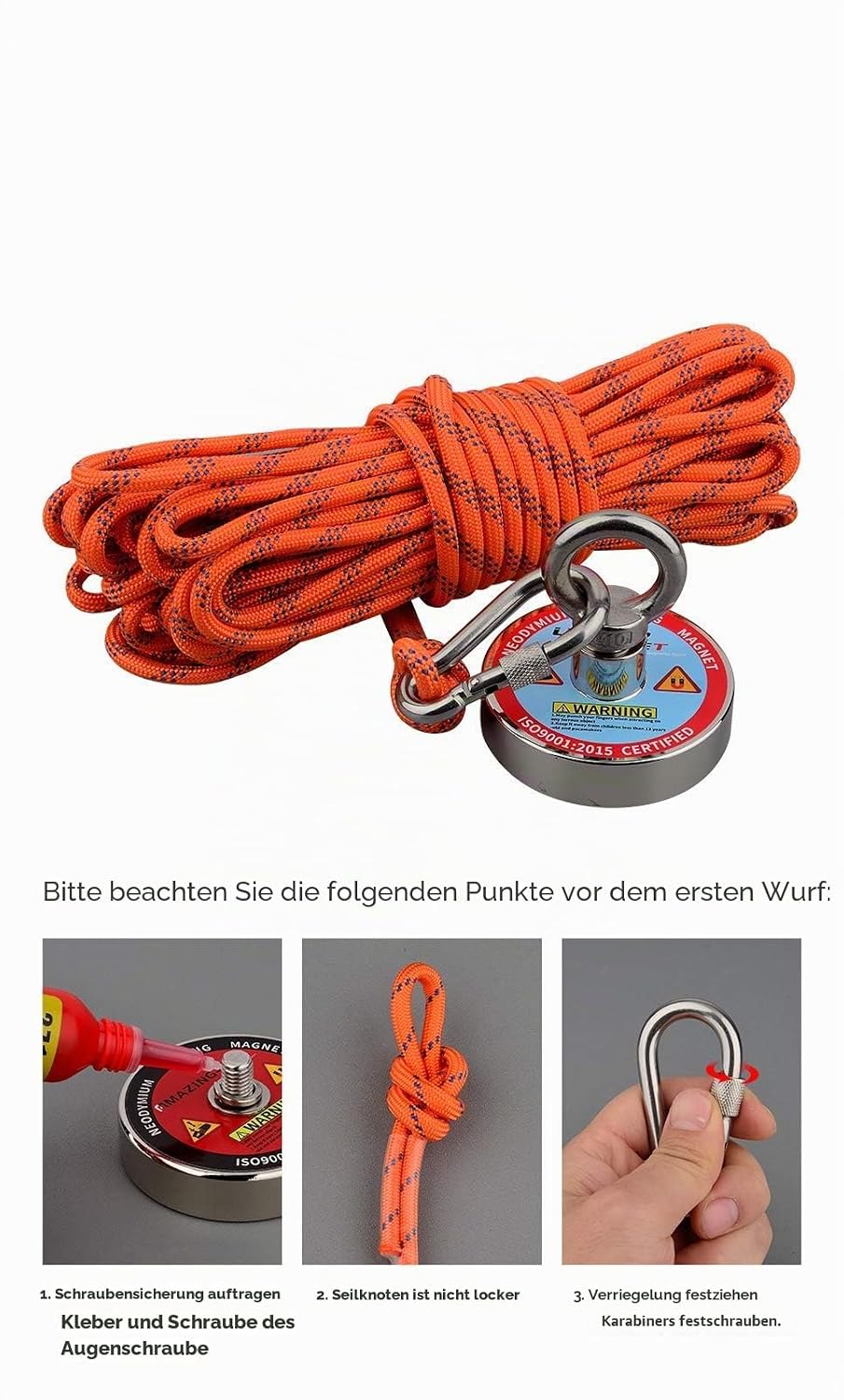 ULIBERMAGNET Magnet mit Neodym Magnet N52 180kg Zugkraft mit 20m Seil zum Angeln und Magnetisches Au